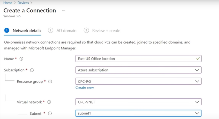 screenshot of windows 365 create a connection