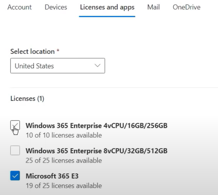 windows 365 licenses and apps screen